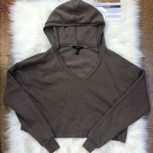 Forever 21 Brown V-Neck Hooded Cropped Sweater